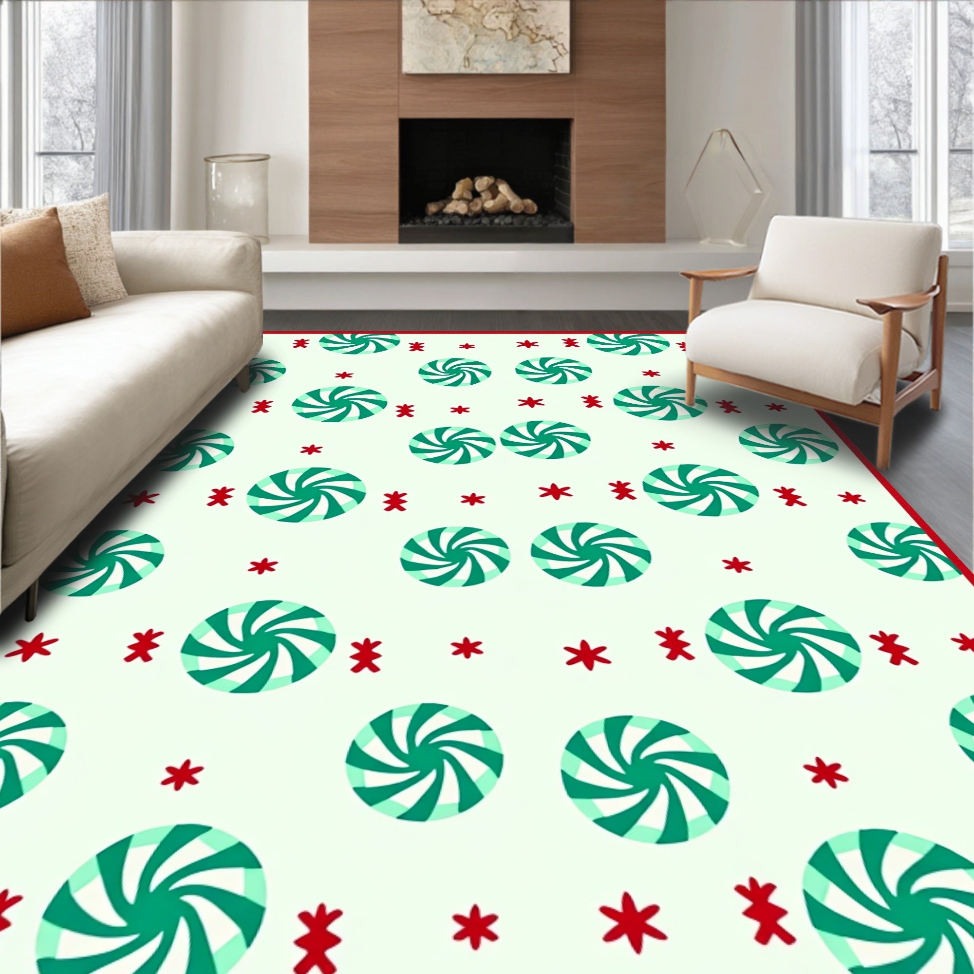 Red Mint Swirl Candy Stars Rug