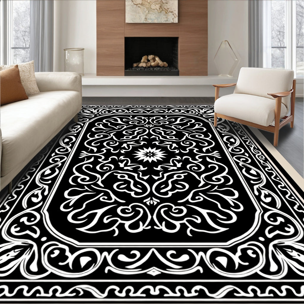 Black White Ornate Floral Scroll Pattern Rug
