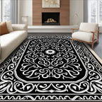 Black White Ornate Floral Scroll Pattern Rug