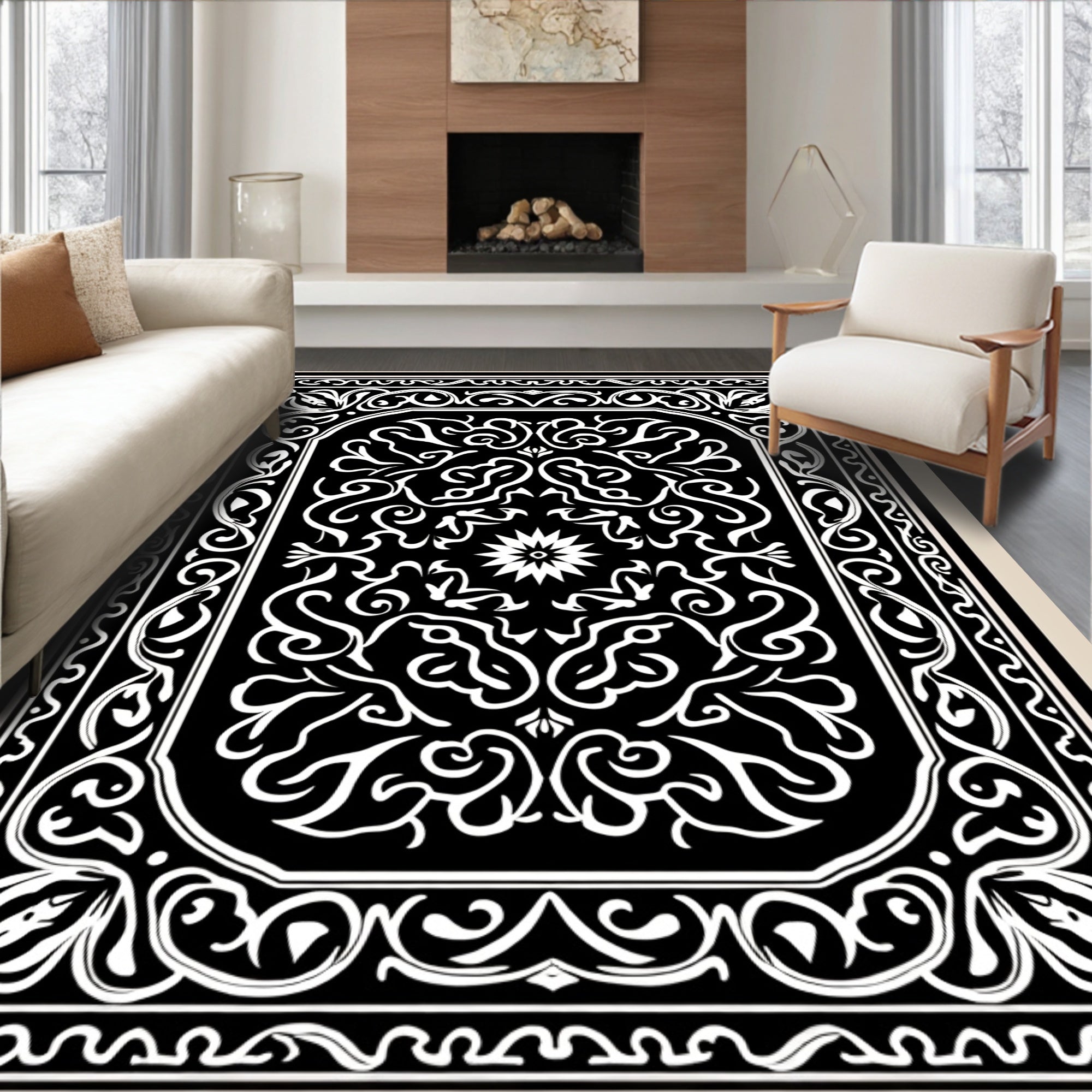 Black White Ornate Floral Scroll Pattern Rug