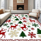 Festive Red Green Deer Snowflakes Trees Border Rug