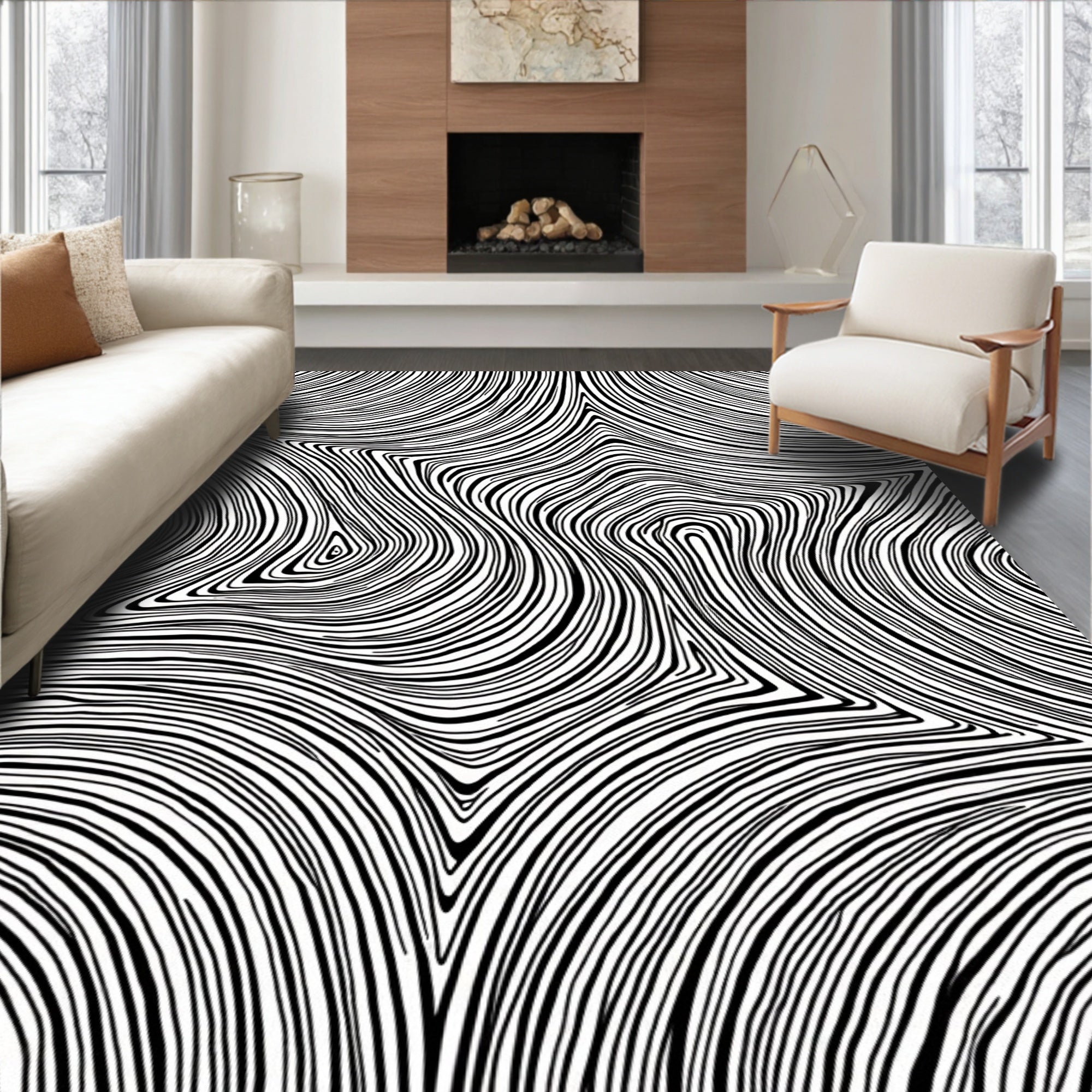 Black White Abstract Flow Design Rug