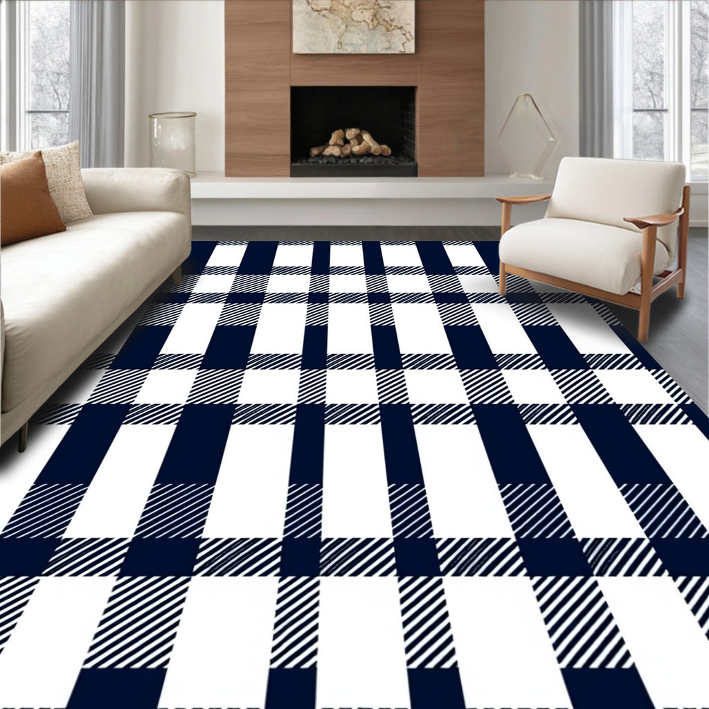 Classic Navy White Gingham Plaid Design Rug