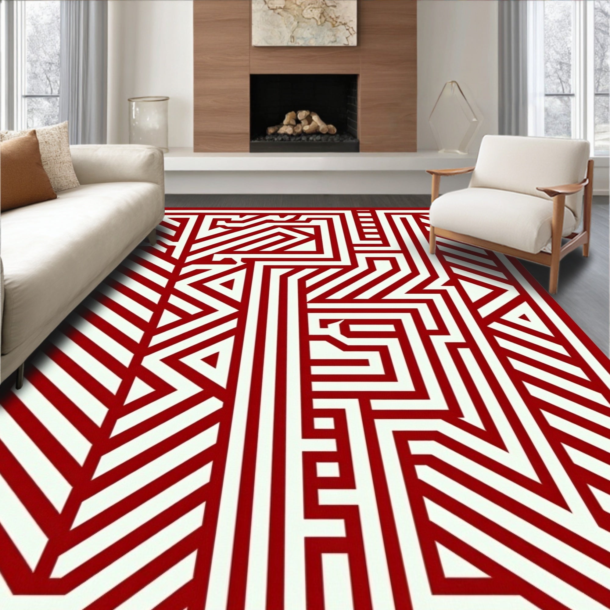 Modern Red Cream Geometric Maze Rug