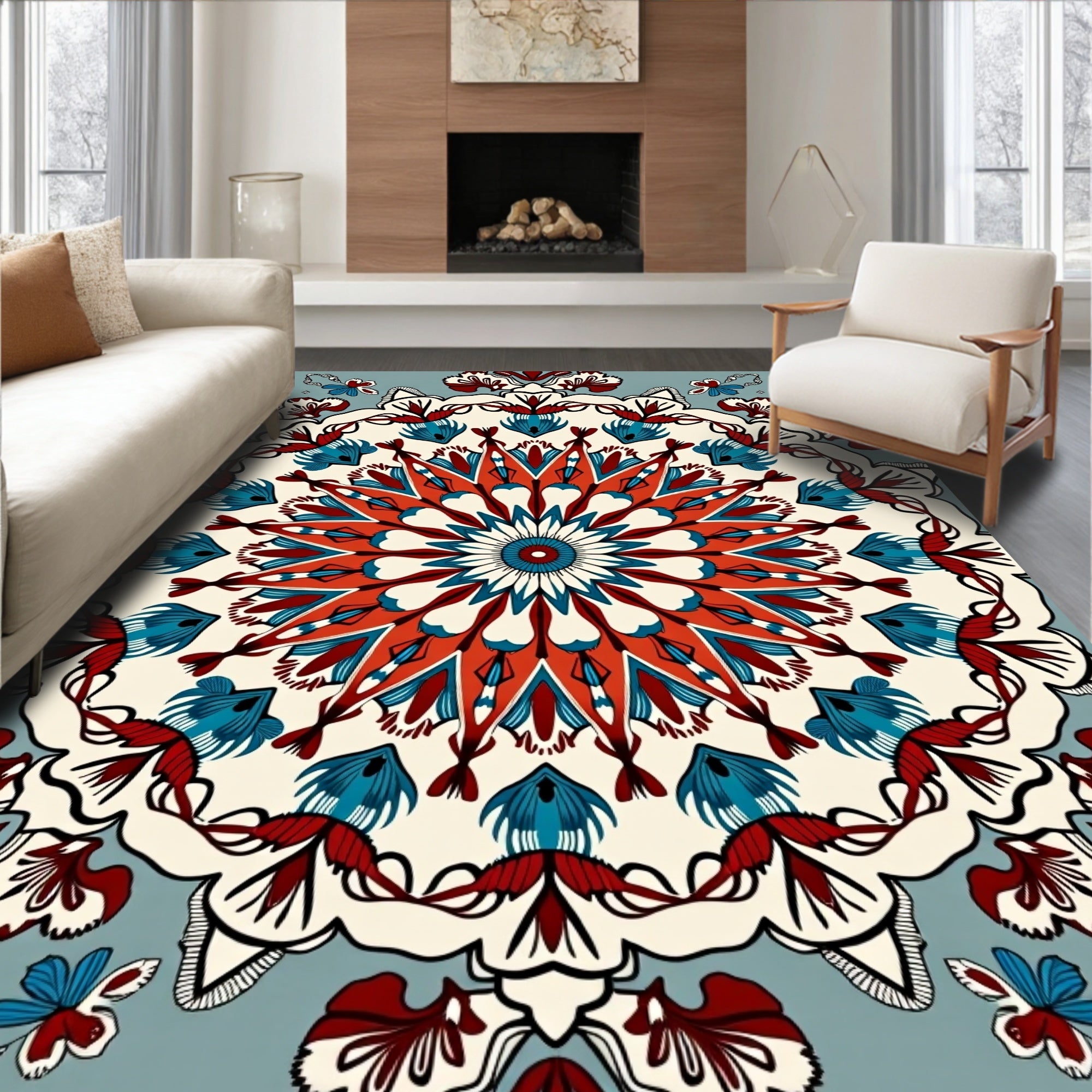 Bold Red Blue Floral Mandala Design Rug