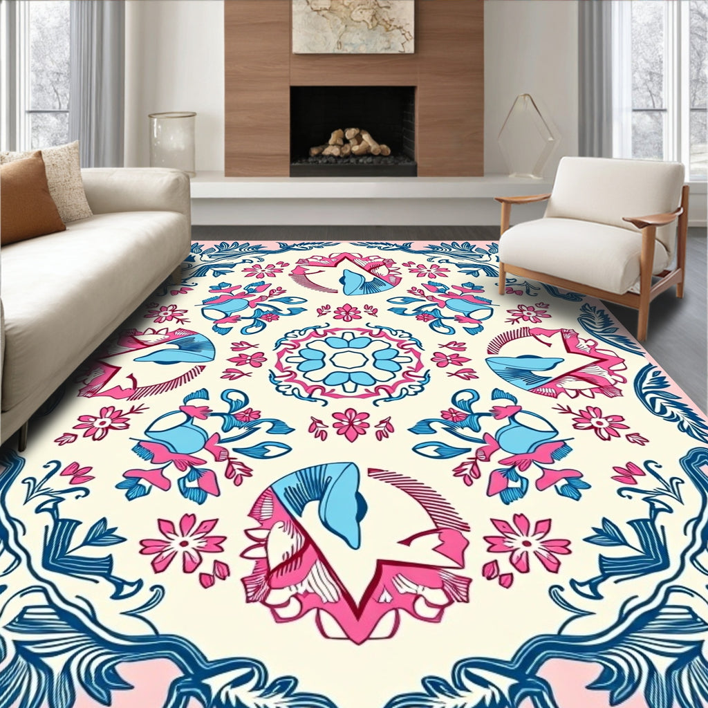 Pink Blue Floral Medallion Garden Elements Rug