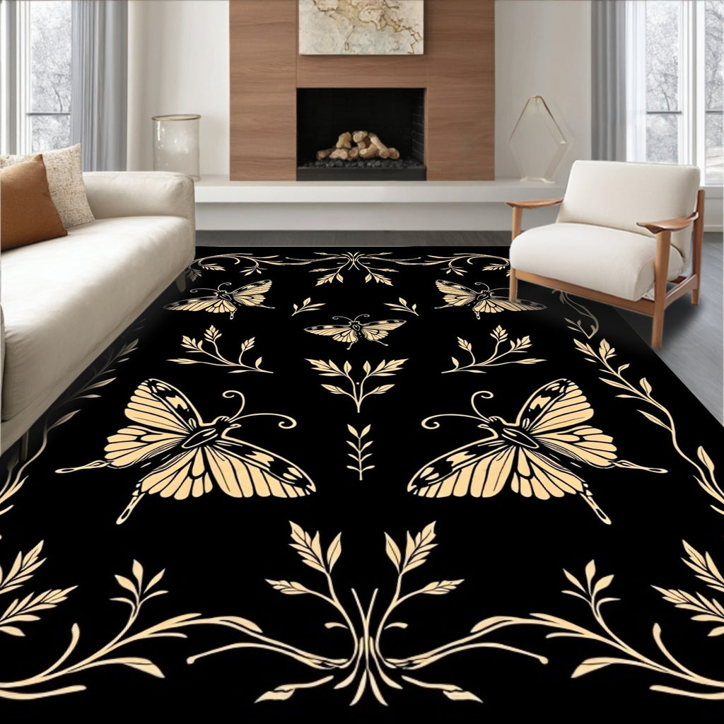 Golden Butterflies and Floral Vines Design Rug
