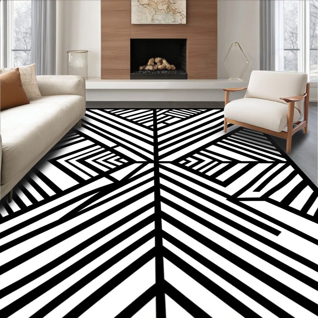Bold Black White Geometric Lines Rug