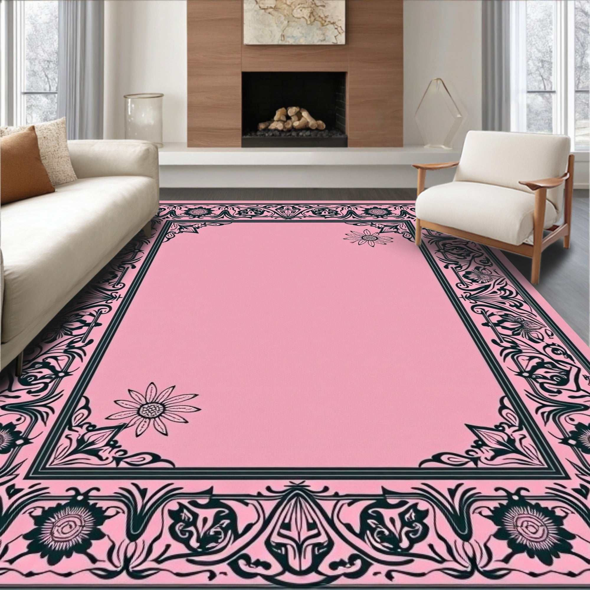 Ornate Floral Scrollwork Decorative Frame Rug