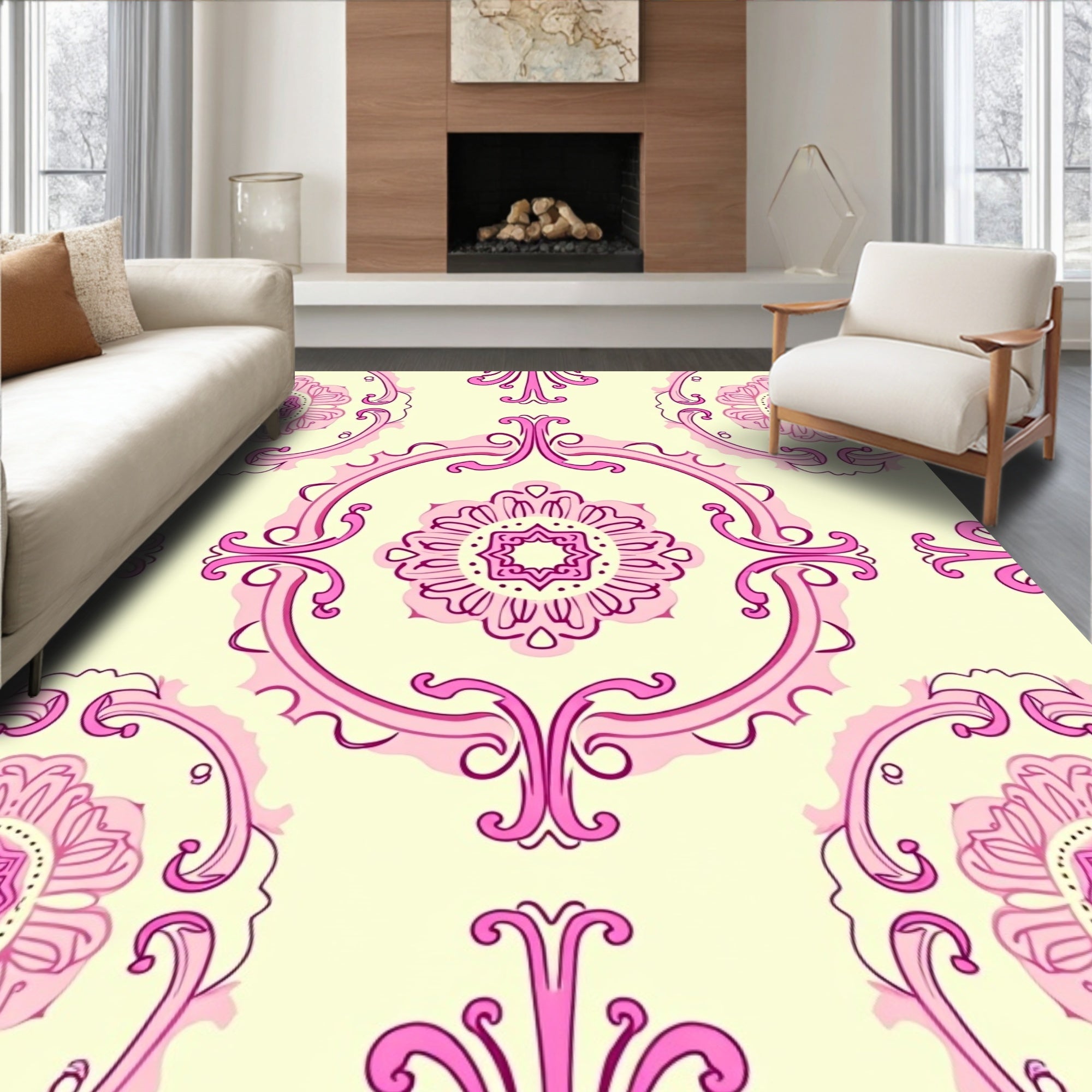 Pink Floral Baroque Pattern Rug