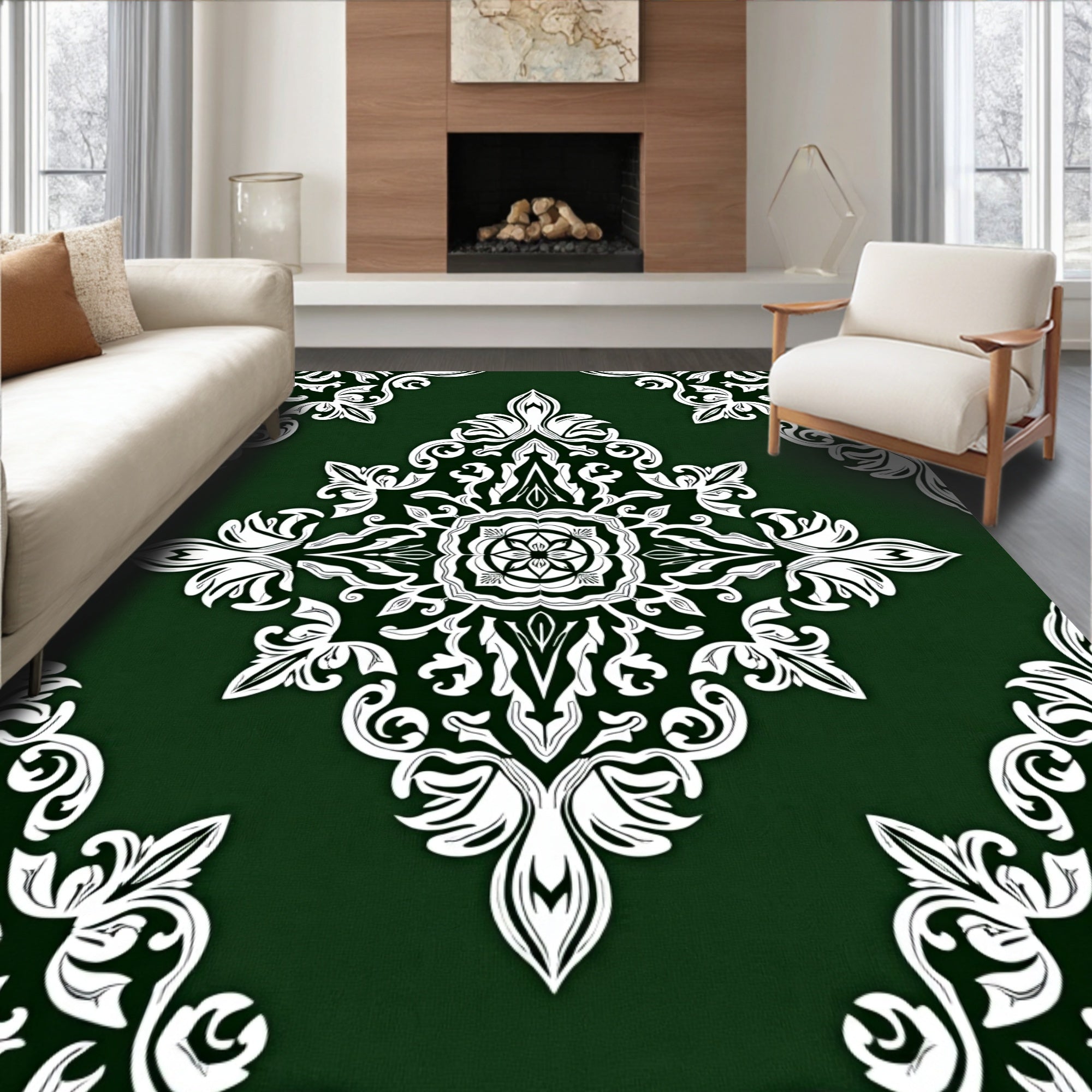 Intricate White Floral Emerald Pattern Rug