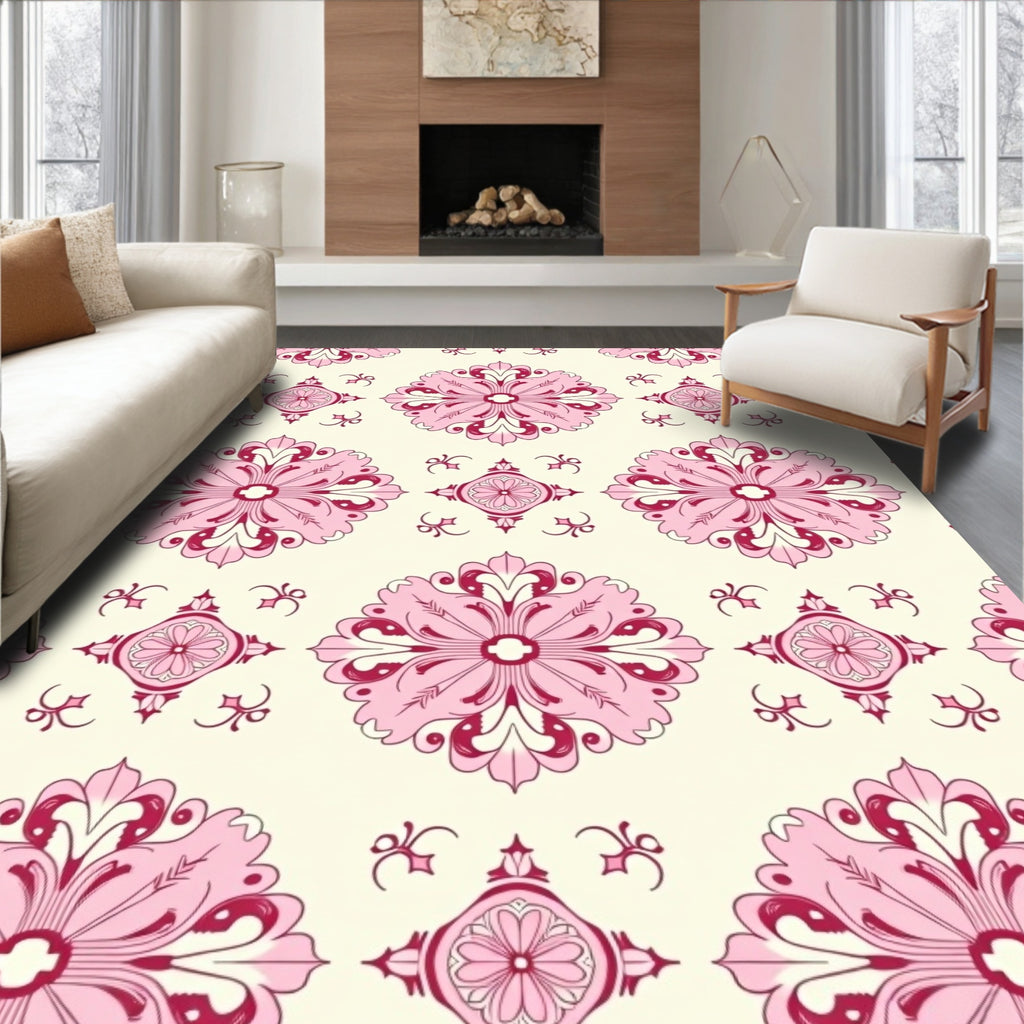 Traditional Pink Floral Scroll Pattern Rug
