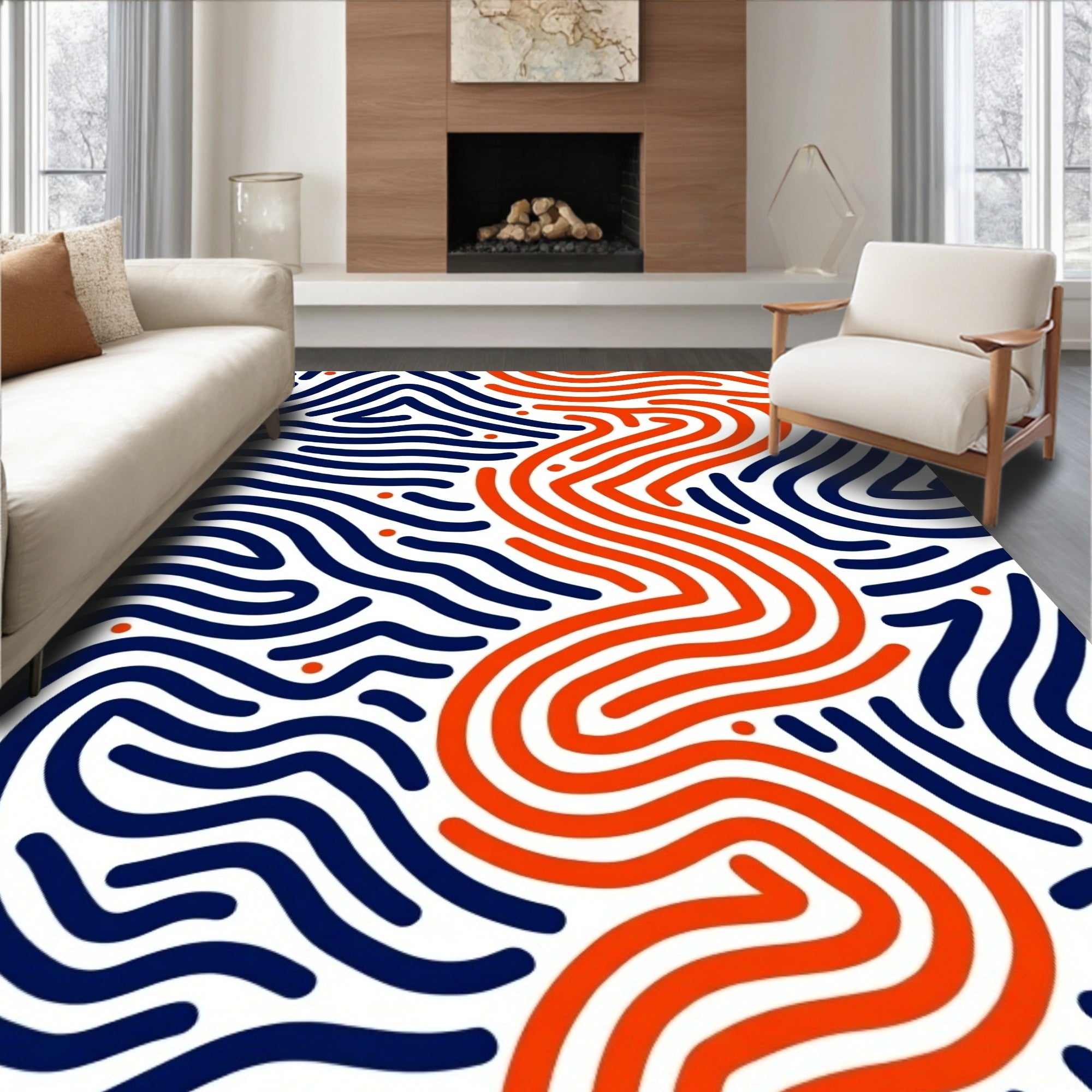 Navy Orange Wavy Line Art Rug