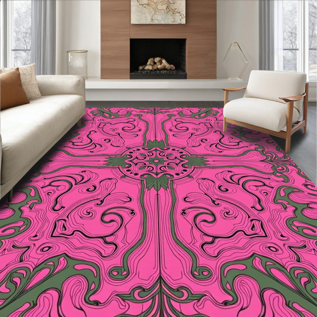 Ornate Pink Green Swirl Pattern Rug