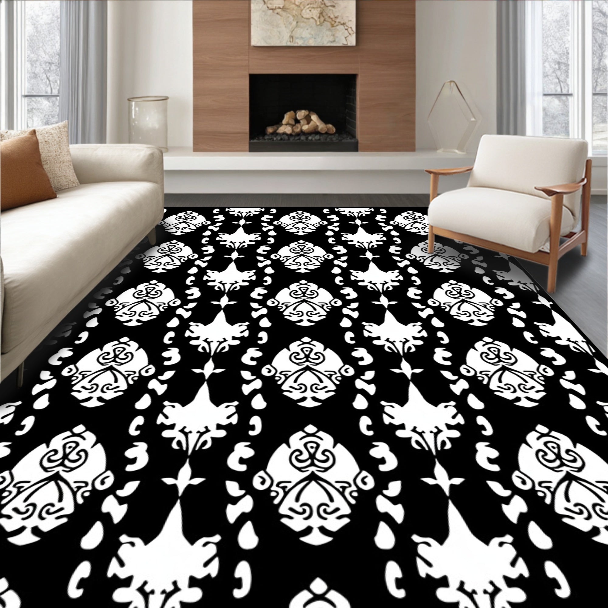 Classic Black and White Damask Pattern Rug