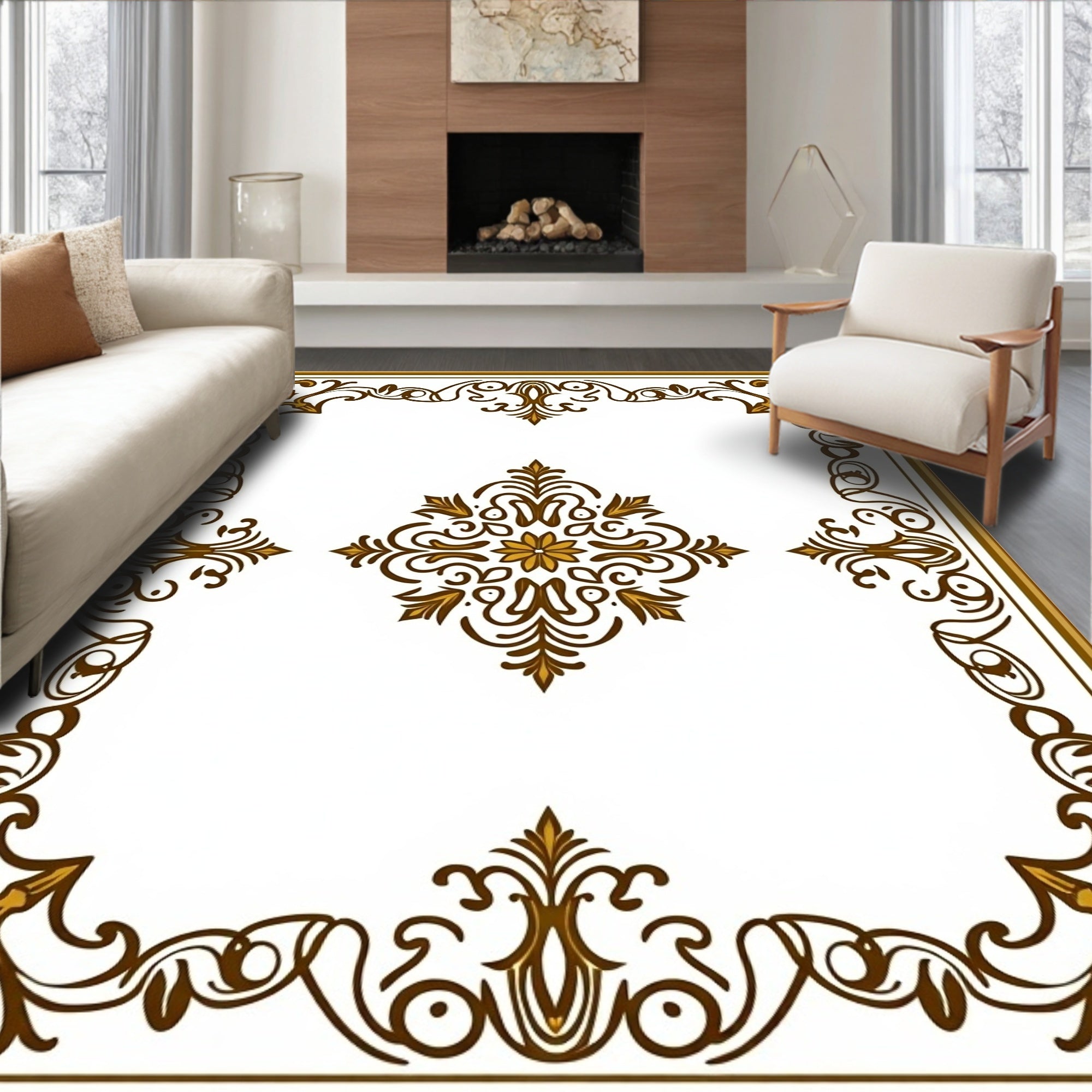 Elegant Gold Brown Scroll Medallion Rug