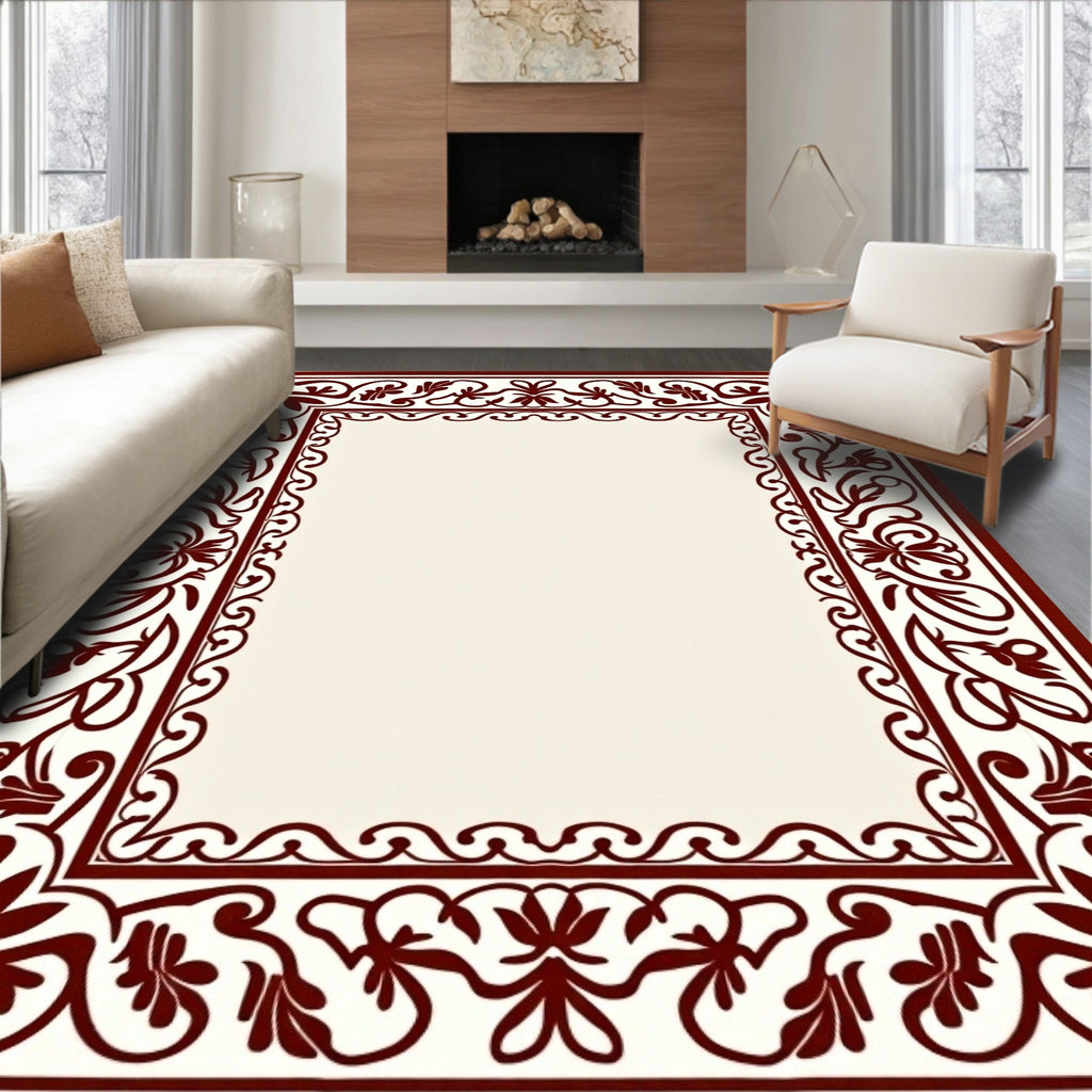 Elegant Cream and Burgundy Floral Border Rug