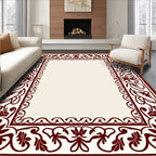 Elegant Cream and Burgundy Floral Border Rug