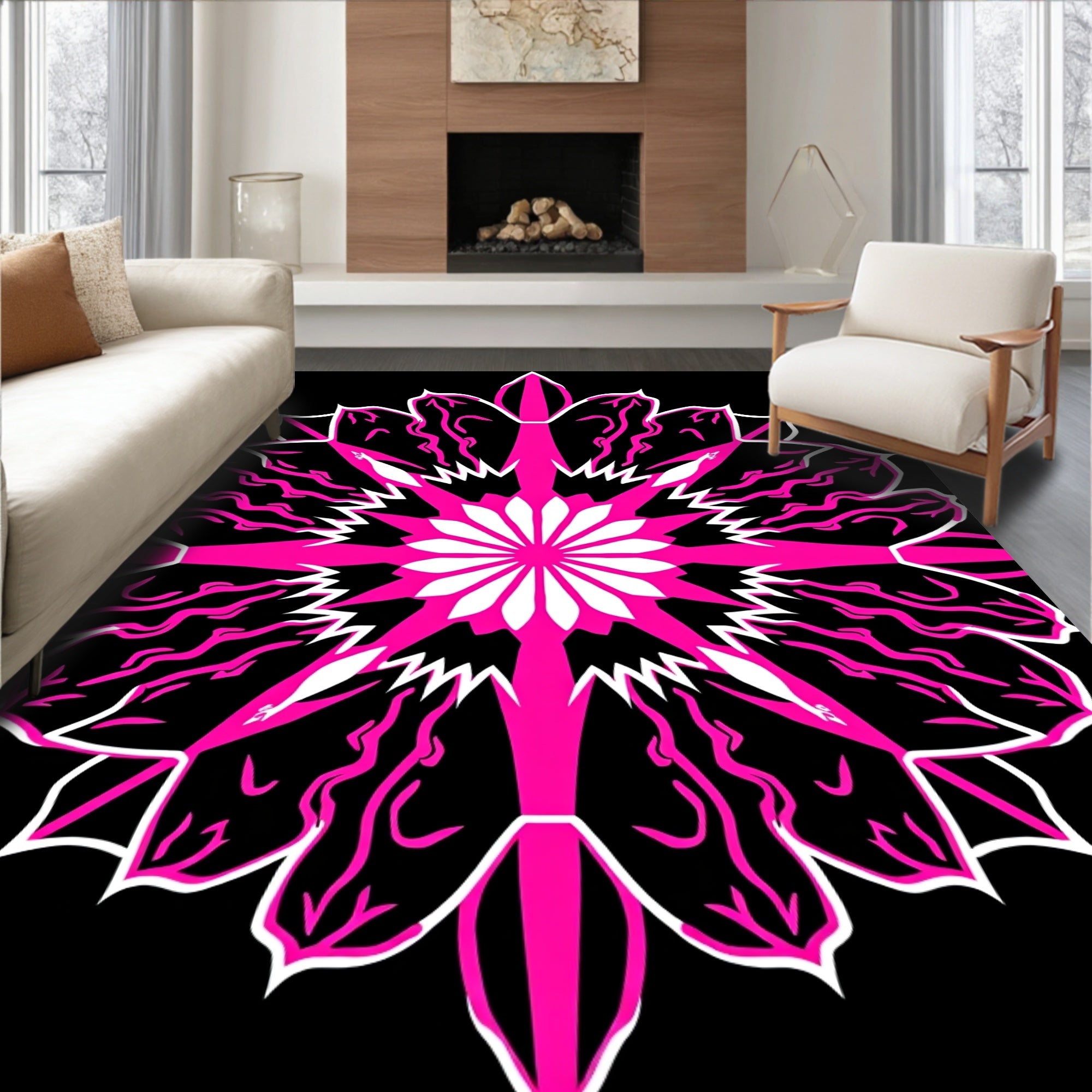 Vibrant Pink Starburst Mandala Design Rug