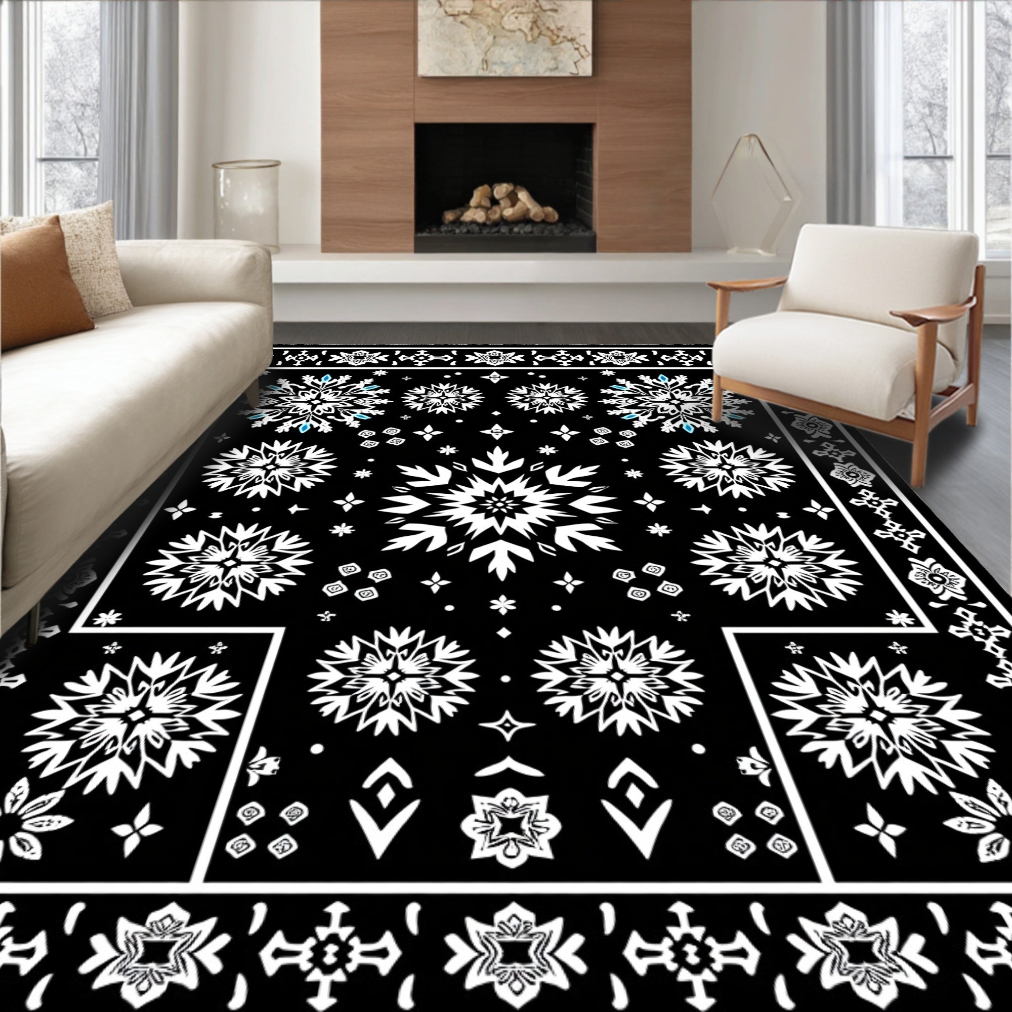Monochromatic Snowflake Starburst Medallion Rug