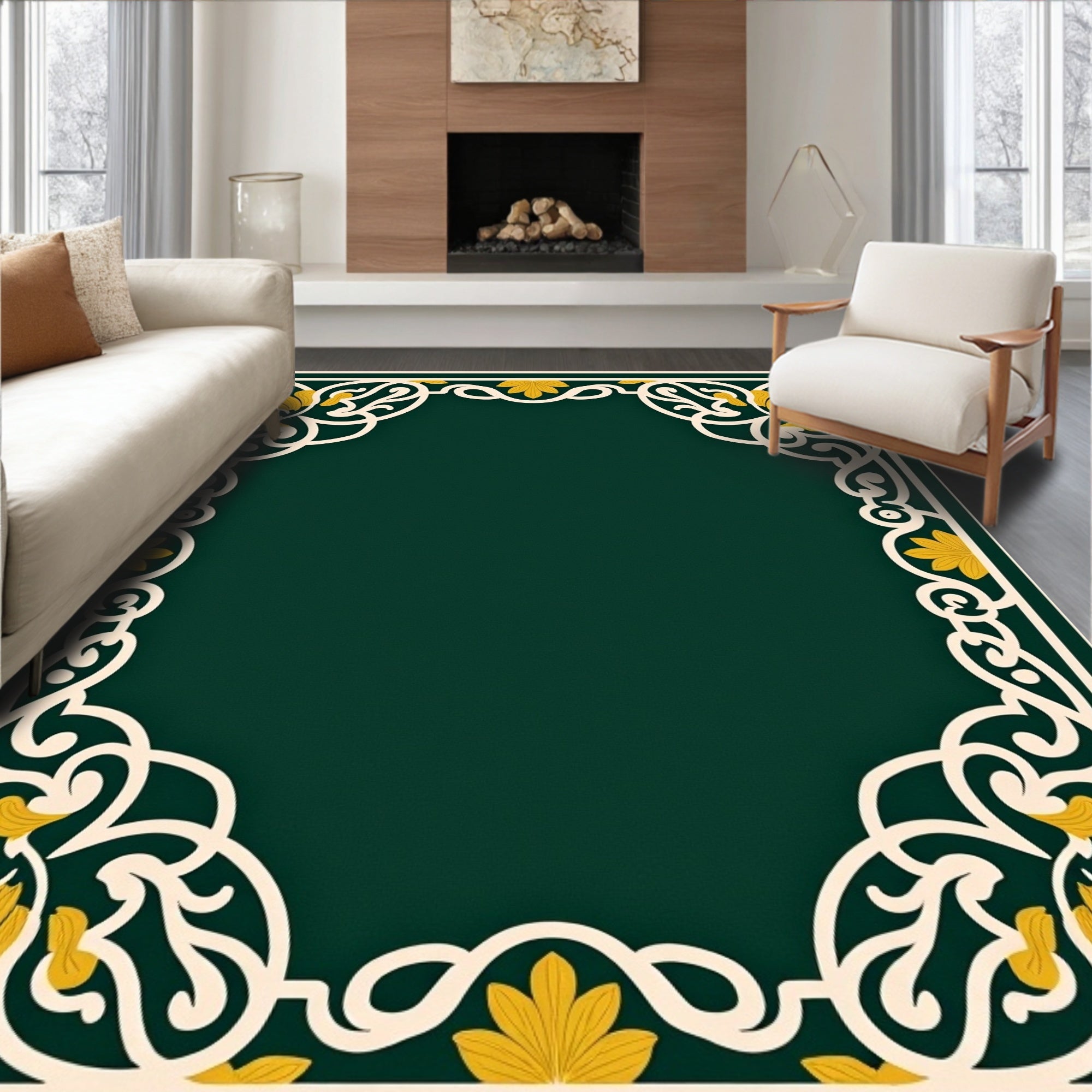 Elegant White Gold Floral Filigree Frame Rug