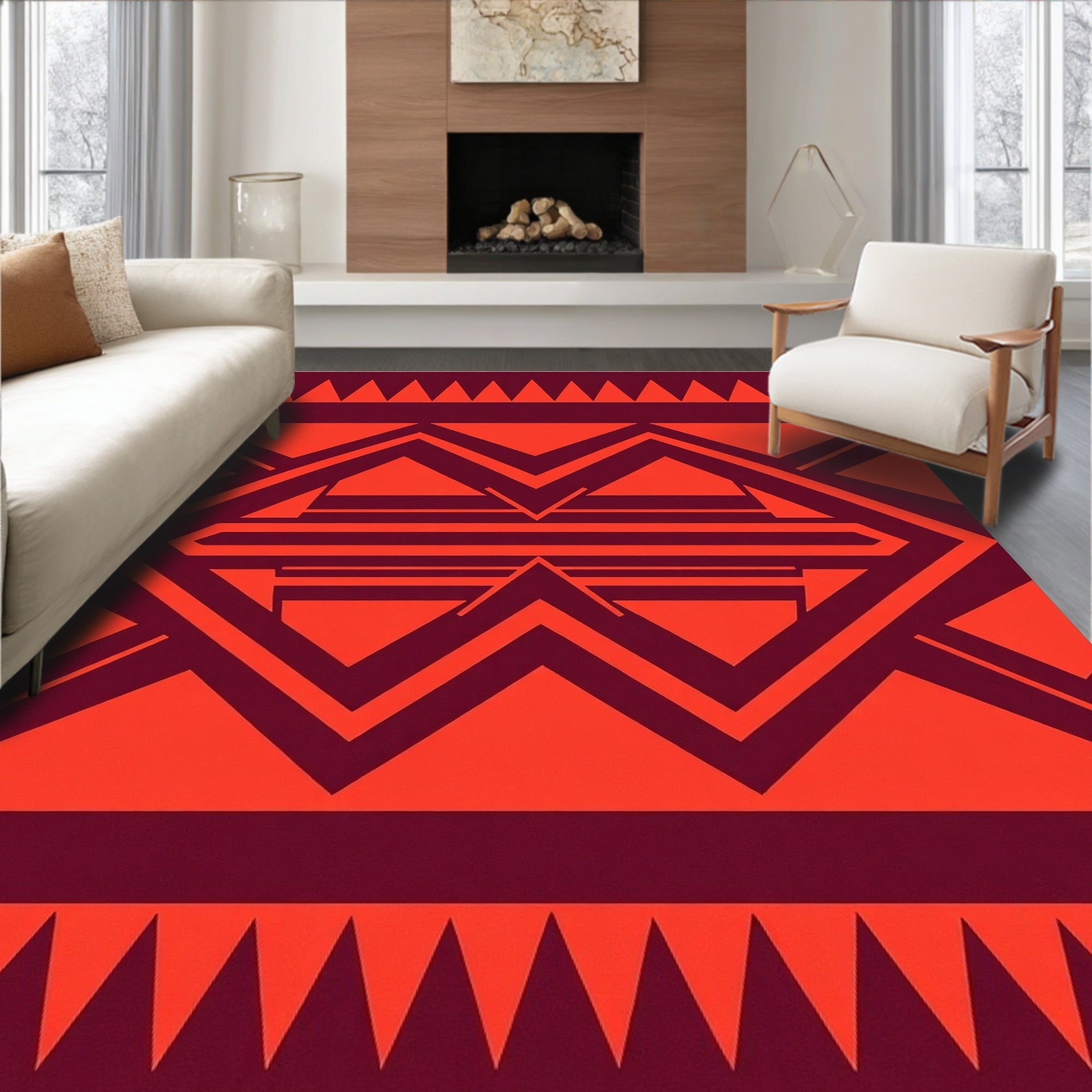 Bold Geometric Red Maroon Pattern Rug