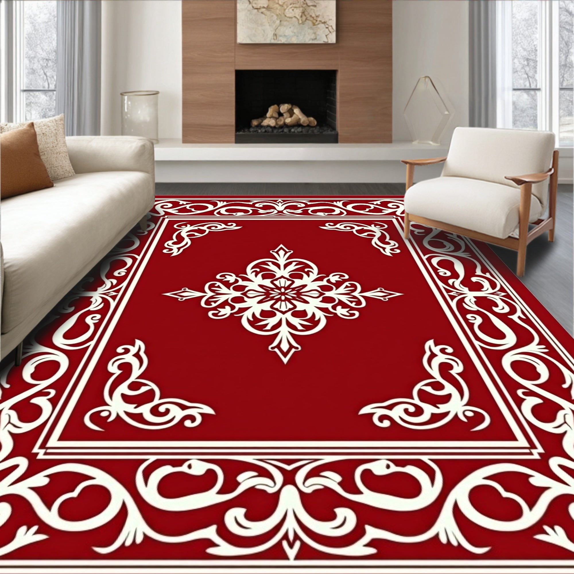 Classic Red White Scrollwork Design Rug