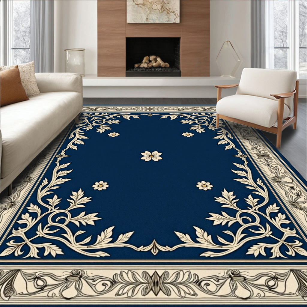 Ornate Navy Floral Patterned Rug