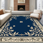 Ornate Navy Floral Patterned Rug