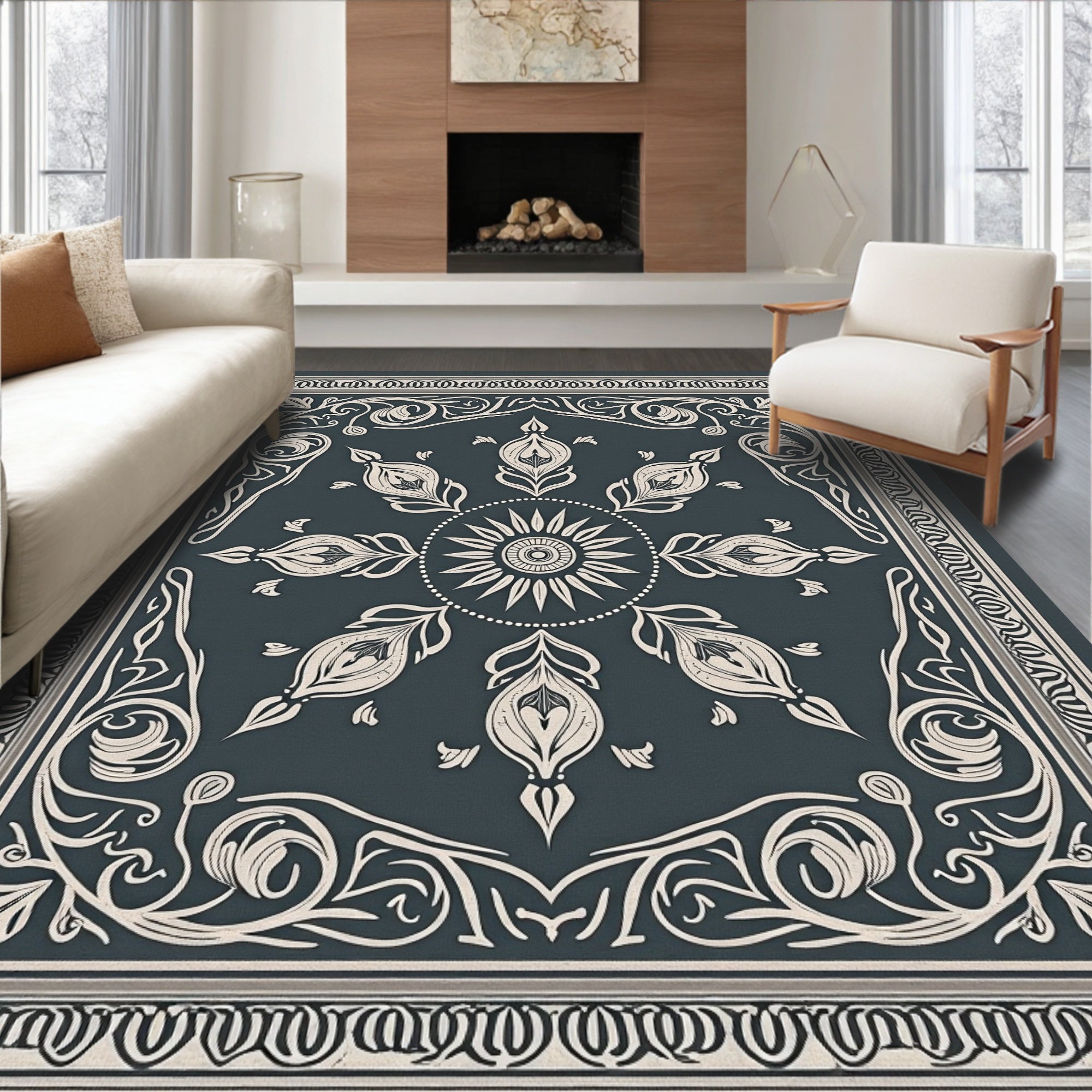 Elegant Cream Floral Medallion Rug