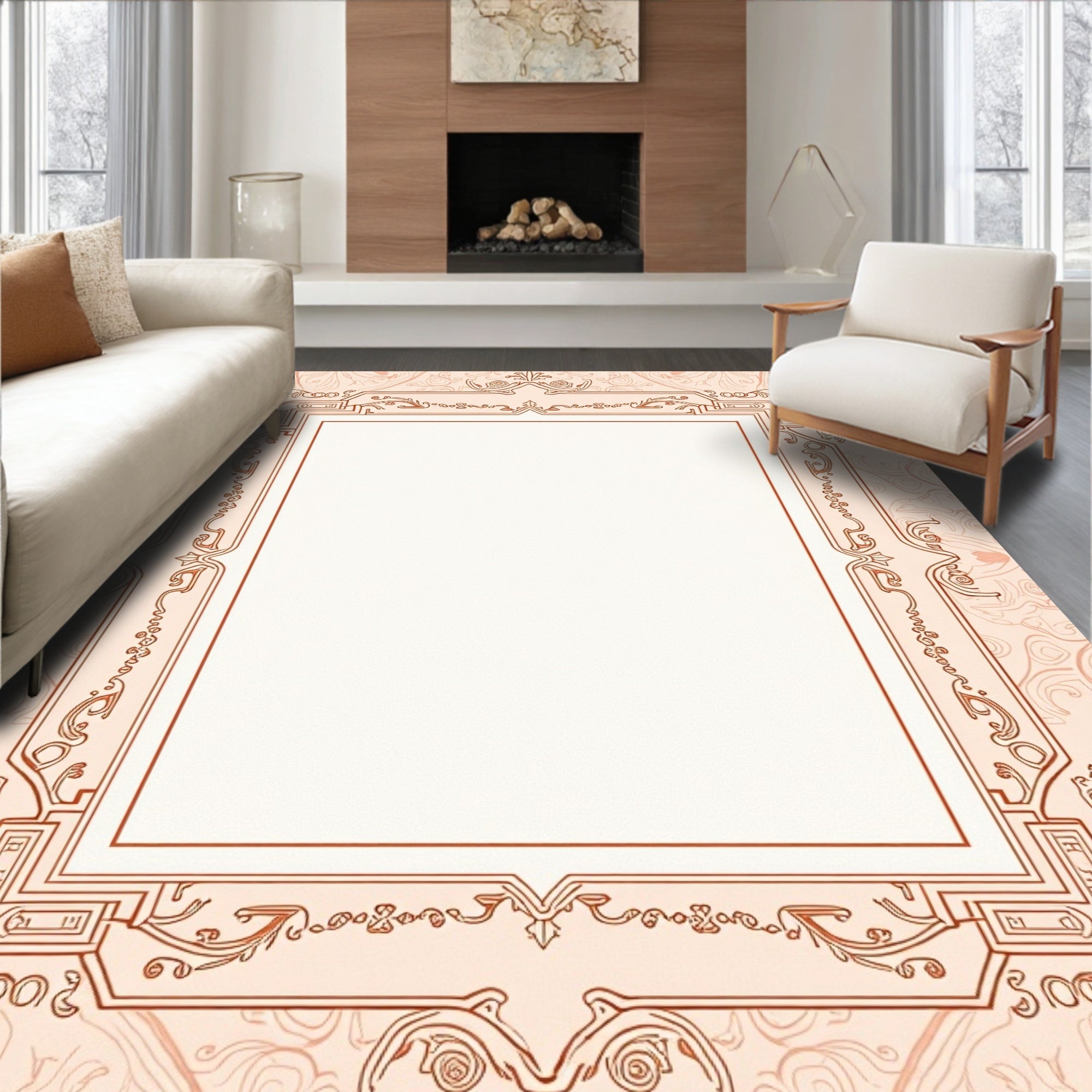 Ornate Floral Geometric Border Design Rug