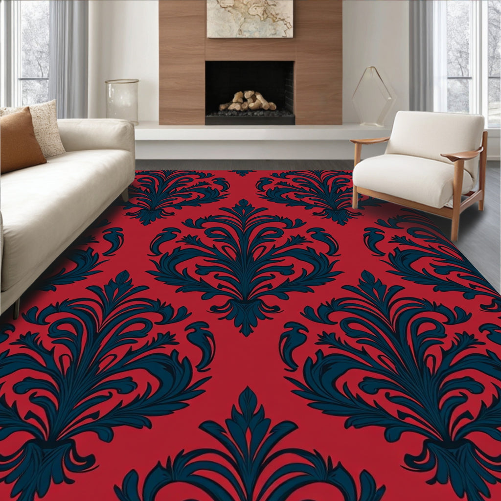 Classic Red and Blue Damask Design Rug