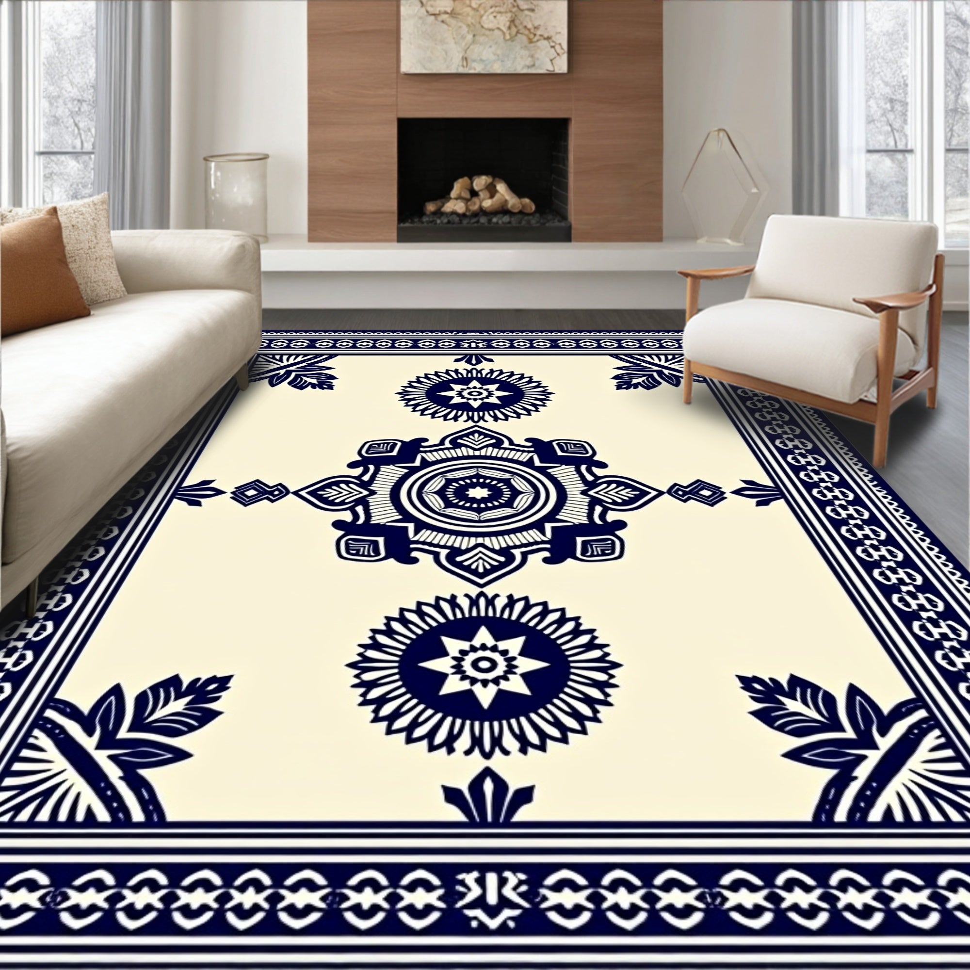 Elegant Blue And Cream Medallion Design Rug