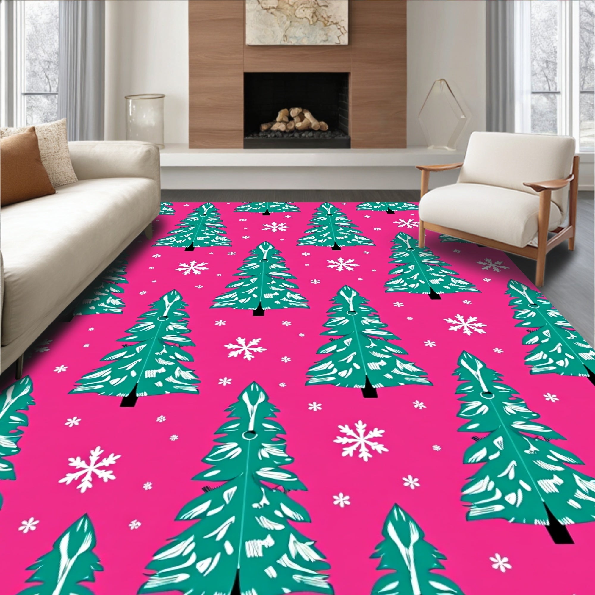 Teal Christmas Trees Snowflake Pink Rug