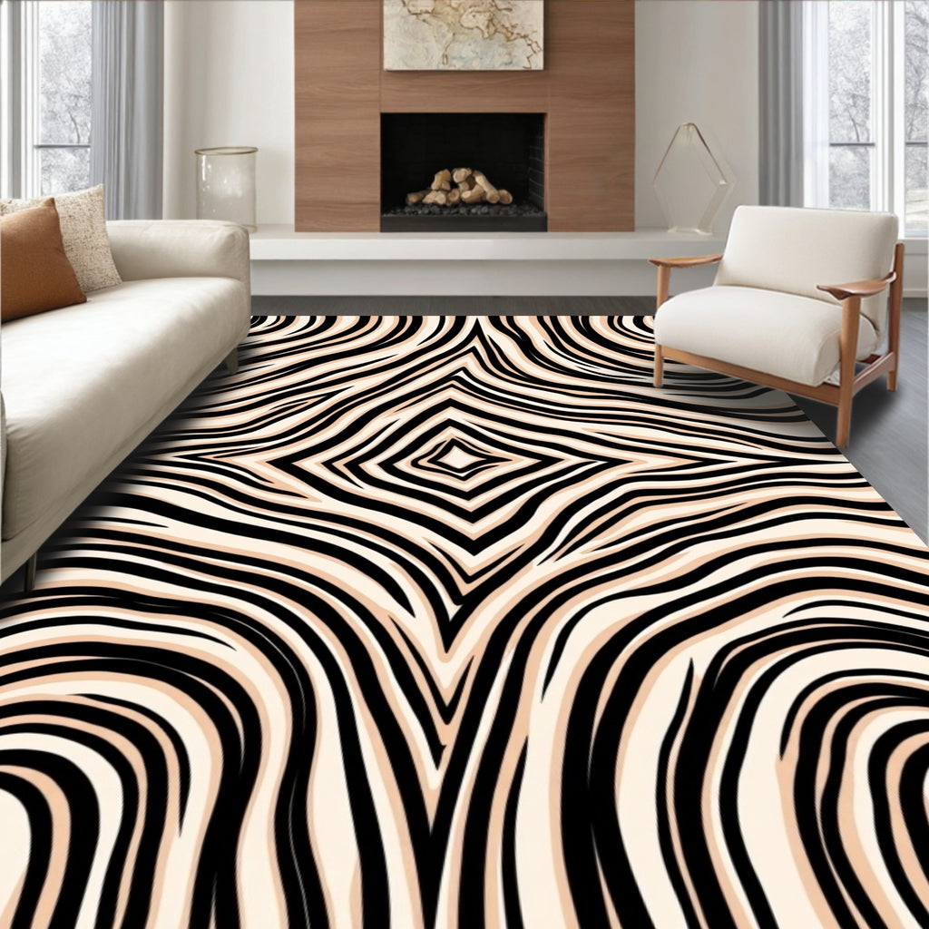 Black and Cream Abstract Wavy Rug