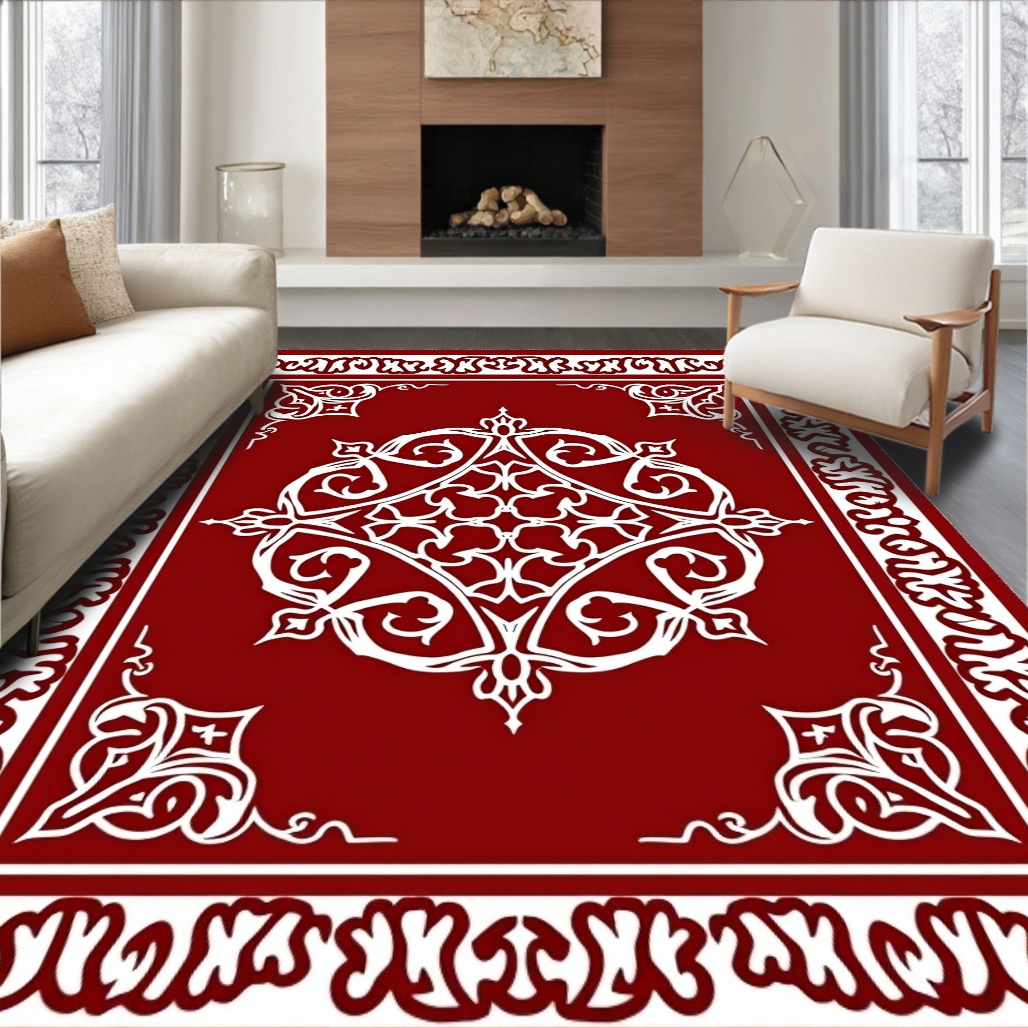 Ornate White Floral Border Rug