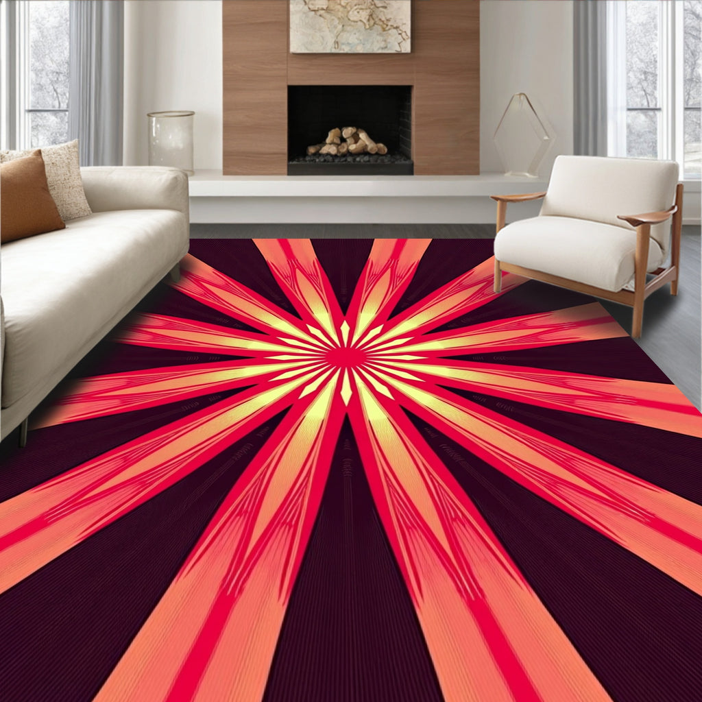 Red Sunburst Abstract Geometric Rug