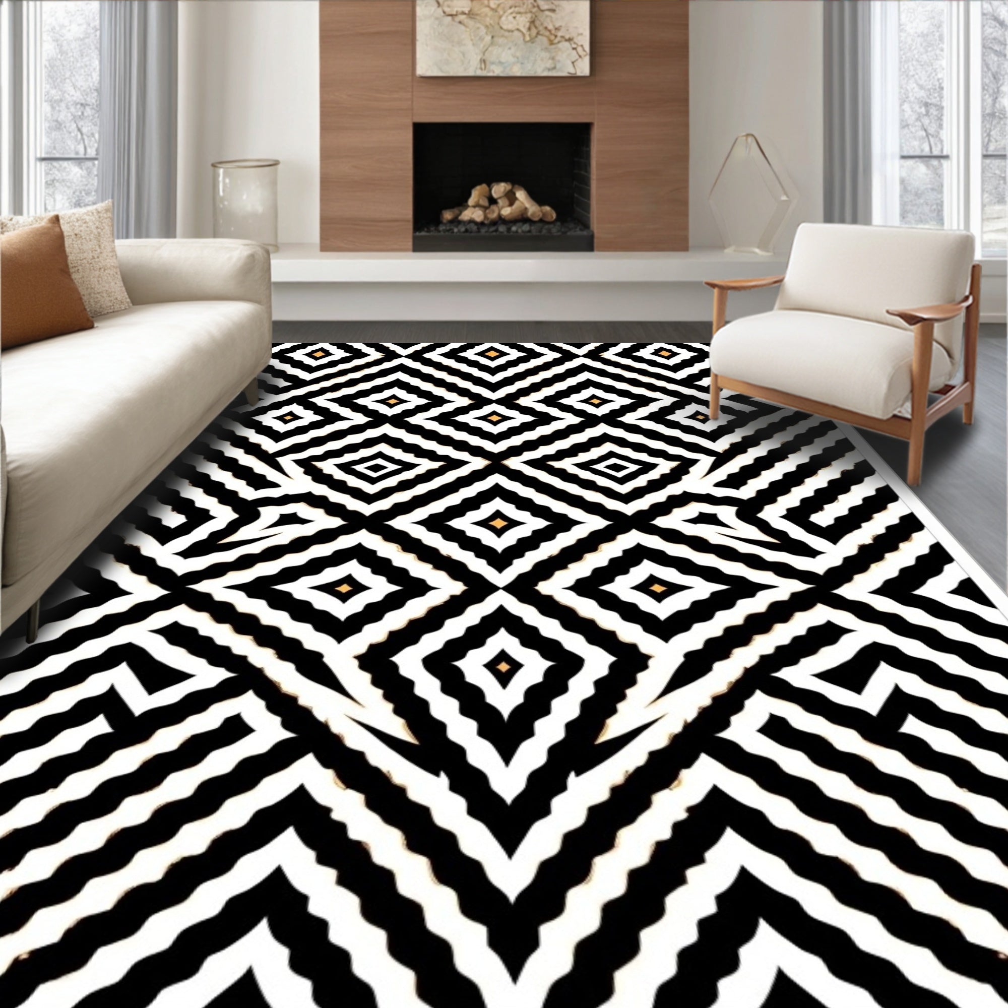 Geometric Black White Small Diamond Pattern Rug