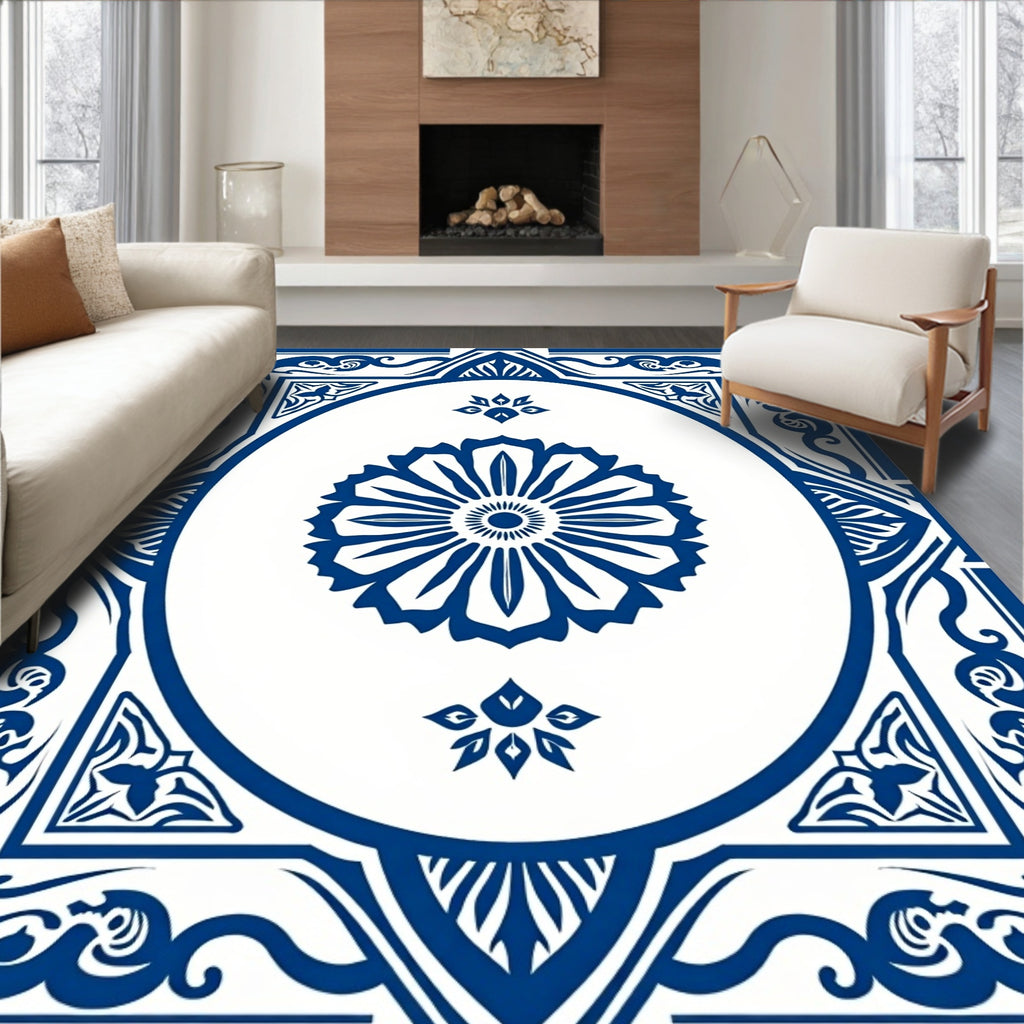 Classic Blue Floral Medallion Mandala Rug