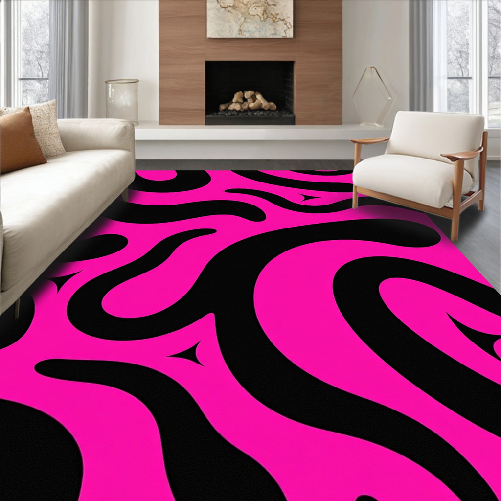 Bold Black Pink Swirl Abstract Rug