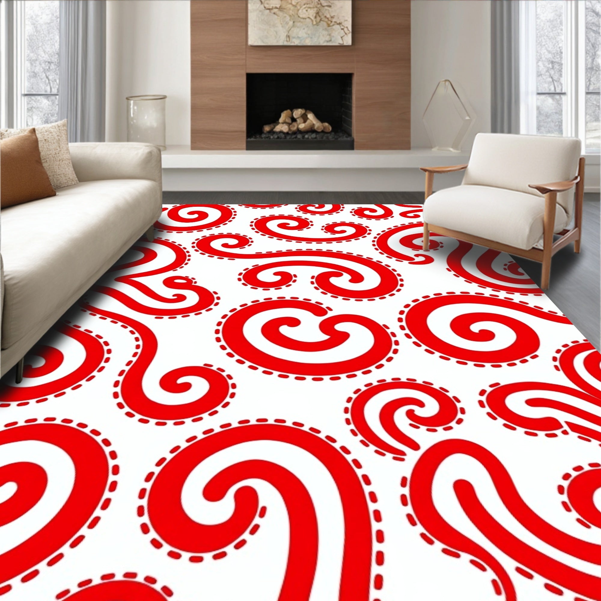 Crimson Swirls Stitched Line Rug