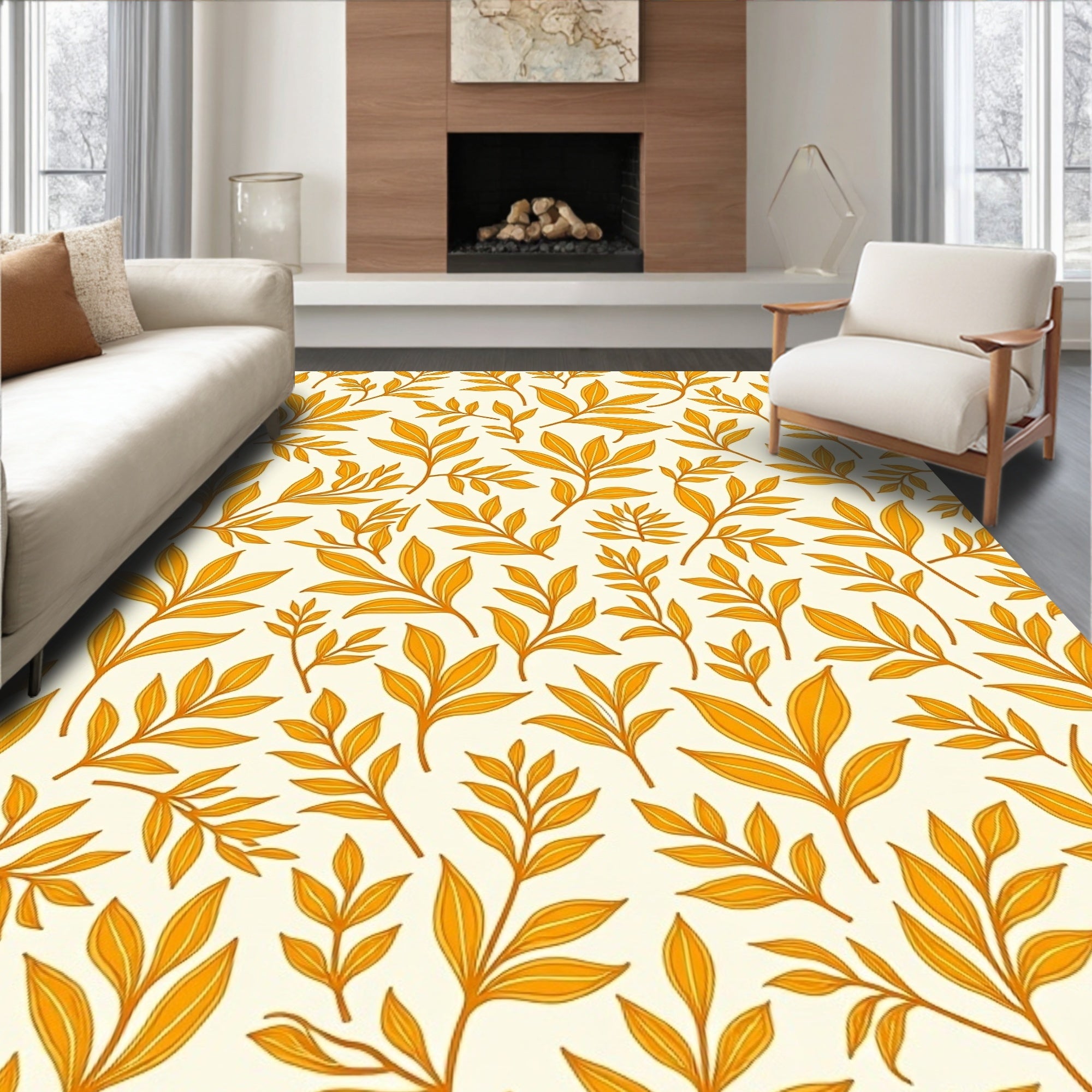 Golden Branch Leaf Pattern Rug