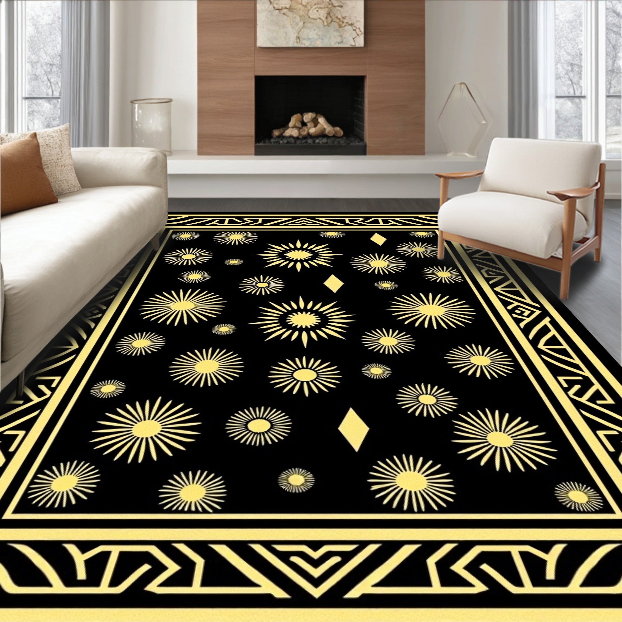 Radiant Golden Sunburst Diamond Border Rug