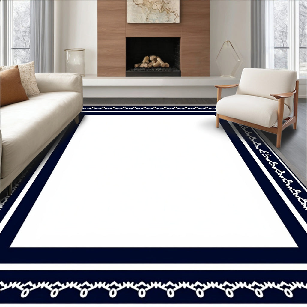 Navy and White Ornate Border Rug