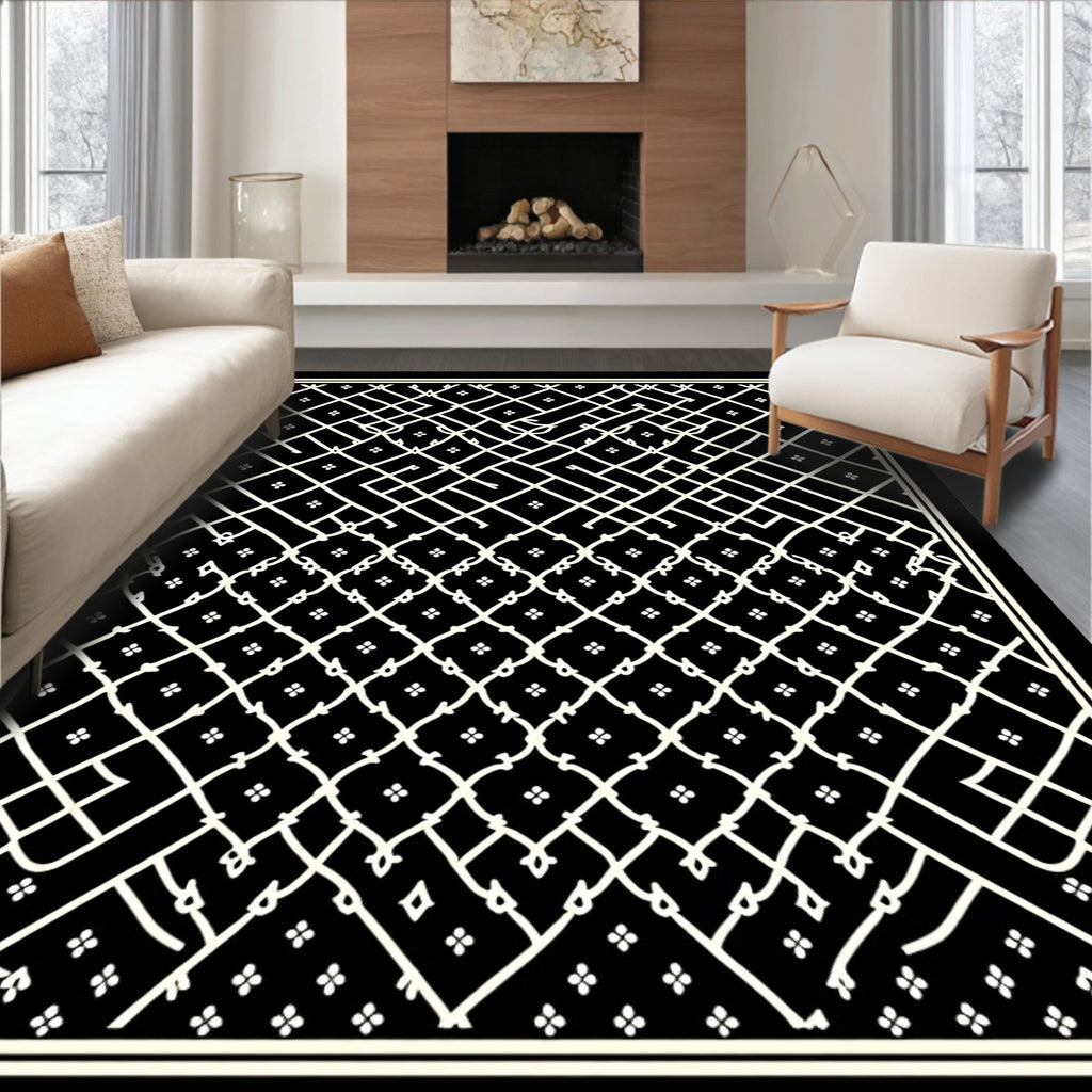 Intricate White Diamond Lattice Pattern Rug