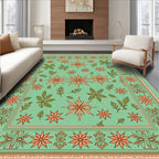 Coral Starburst Floral Garden Green Rug