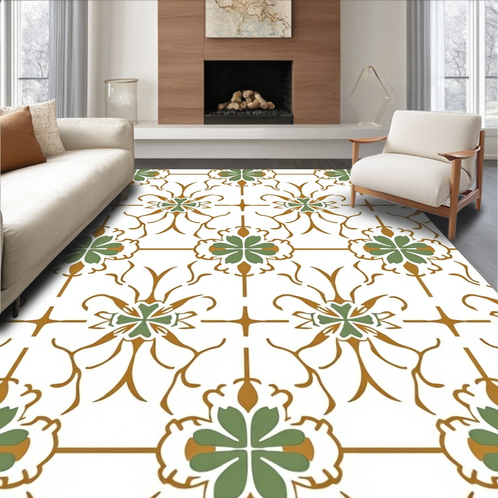 Green Gold Floral Medallion Pattern Rug