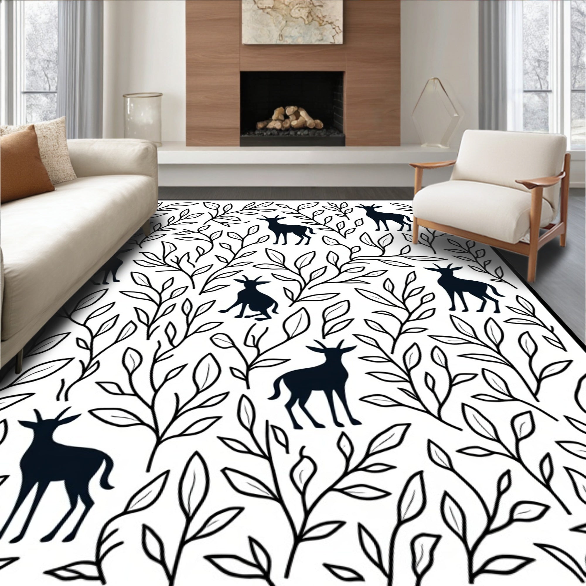 Whimsical Deer Botanical Pattern Rug