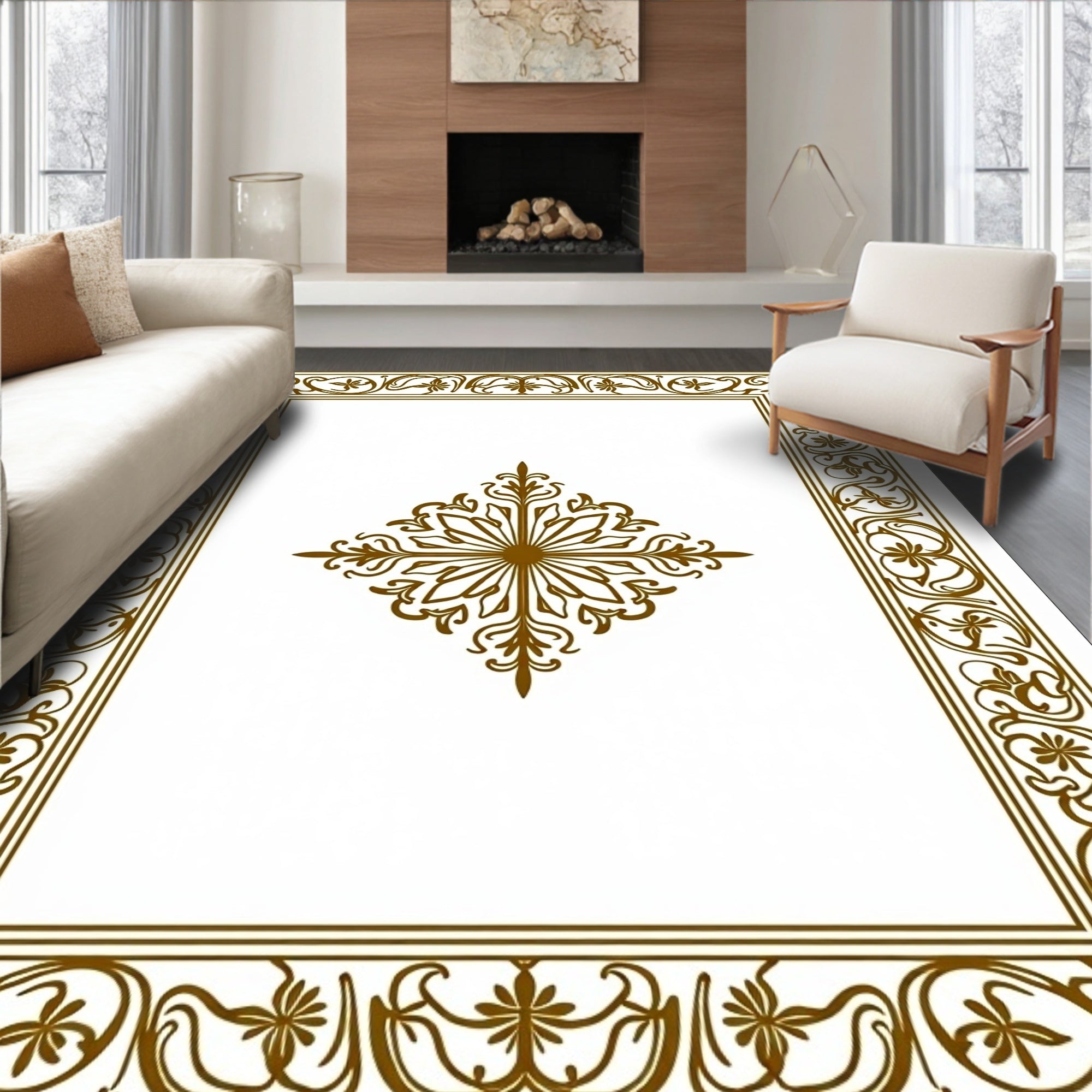 Ornate Floral Centerpiece and Border Design Rug