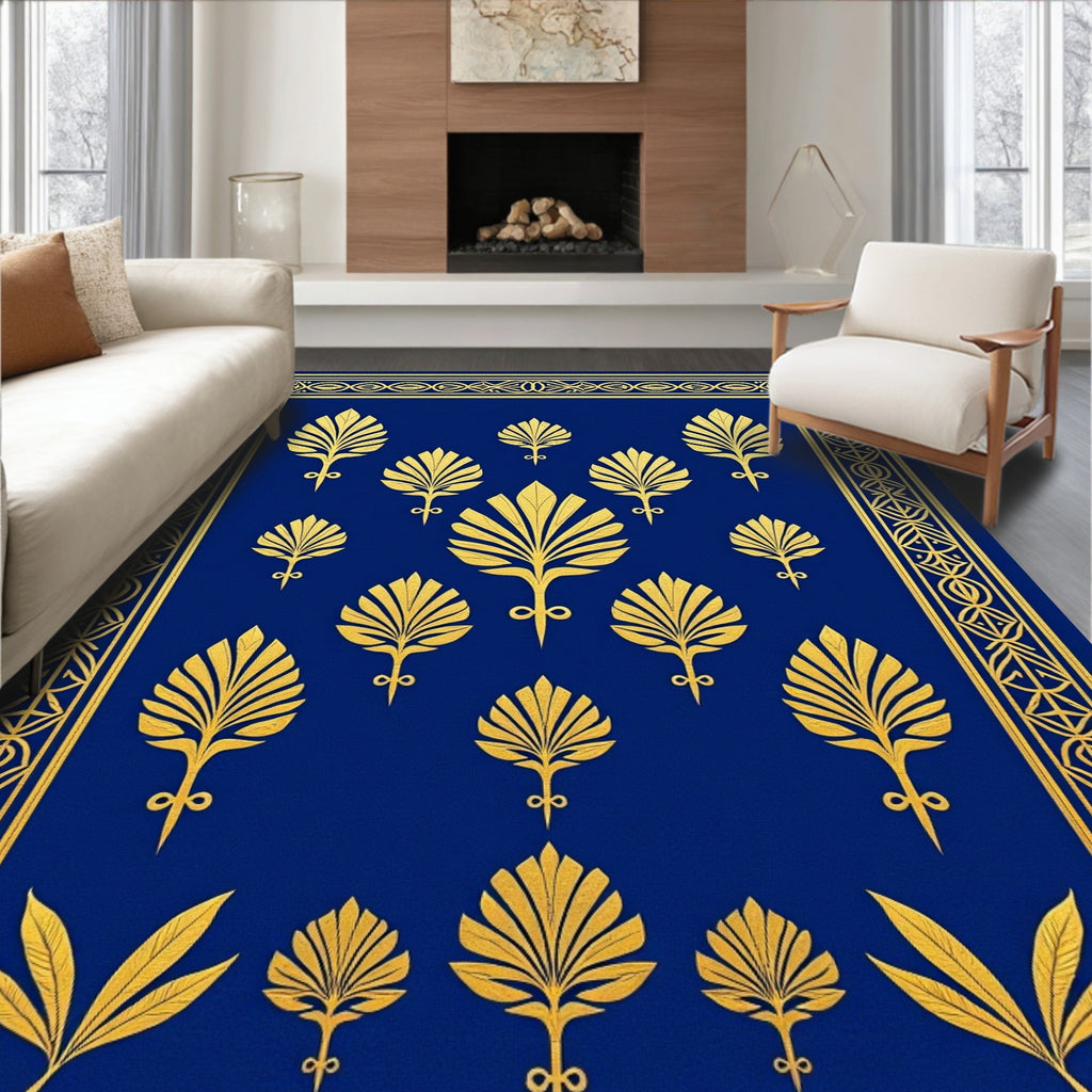 Royal Blue Gold Art Deco Floral Pattern Rug